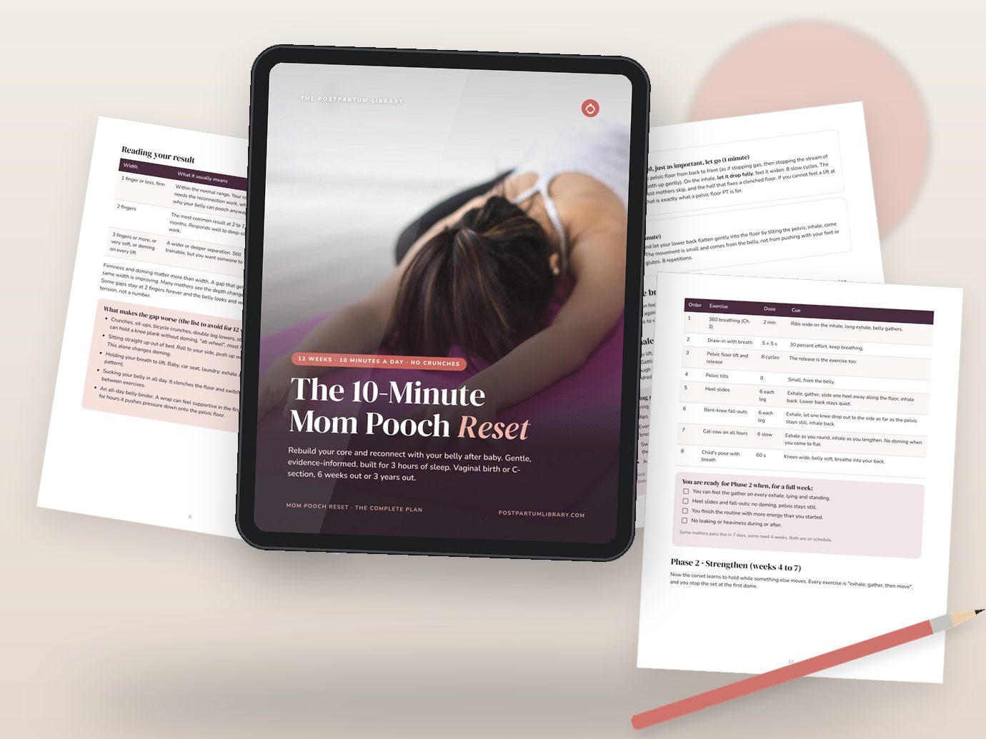 The 10-Minute Mom Pooch Reset: the guide on a tablet with its printable tools